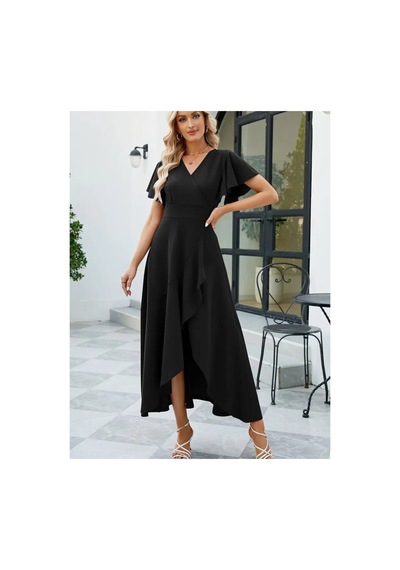 Butik İstanbul Kadın Kısa Kollu Kruvaze Yakalı Önden Volanlı Çapraz Kesim Detaylı Maksi Boy Ithal Krep Elbise Siyah Butik İstanbul Kadın Kısa Kollu Kruvaze Yakalı Önden Volanlı Çapraz Kesim Detaylı Maksi Boy Ithal Krep Elbise Siyah