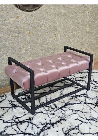 Zafir Siyah Boyalı Metal 80 Cm Puf Bench - Antre Puf - Hol Bench - Puf - Oturak - Bench Pembe