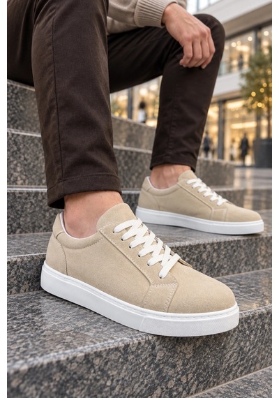 Mevese Etile Bağcıklı Süet Erkek Günlük Sneaker Ayakkabı - Krem