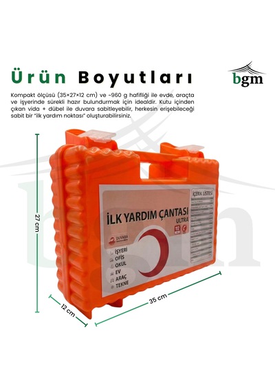 Ultra İlk Yardım Çantası Acil Müdahale Kiti Temel Malzemeler Sert Kasa Duvara Monte Aparatlı