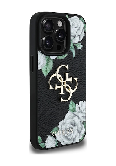 Apple Uyumlu iPhone 15 Pro Max Kılıf Guess Lisanslı Gül Baskılı Büyük Metal Logo Dizaynlı Kapak Siyah