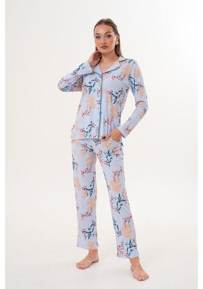 Çift Kaplan Kadın Pamuk Modal Gömlek Yaka Önden Açık Mavi Pijama Takımı 7003 Mavi