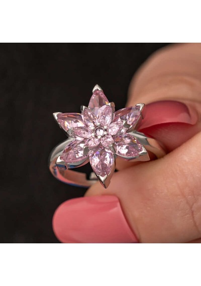 925 Ayar Gümüş Ayarlanabilir Pembe Lotus Çiçeği Kadın Yüzük Renkli