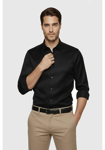 Deepsea Siyah Slim Fit Erkek Gömlek Kolay Ütülenen Nefes Alan Kumaş, Dört Mevsim Şıklık 2608515 Siyah