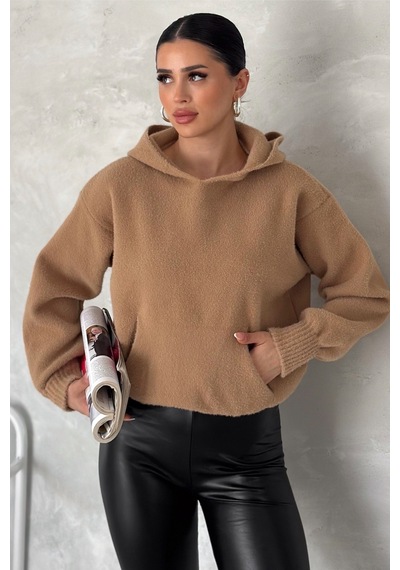 Femelle Kadın Kahverengi Standart Beden Kapüşonlu Peluş Triko Sweatshirt