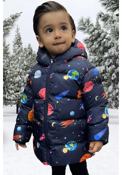 Freemen Erkek Çocuk Polarlı Kapüşonlu Gezegen Yıldız Desenli Kışlık Şişme Mont & Kaban & Parka Siyah