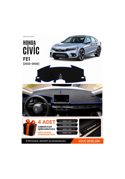 Honda Cıvıc Fe1 2022-2026 Uyumlu Torpido Örtüsü, Torpido Kılıfı - Siyah Mavi