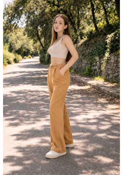 Winmoda34 Kadın Kumaş Pantolon Beli Garnili Bağcıklı Bol Paça Palazzo Model Bej