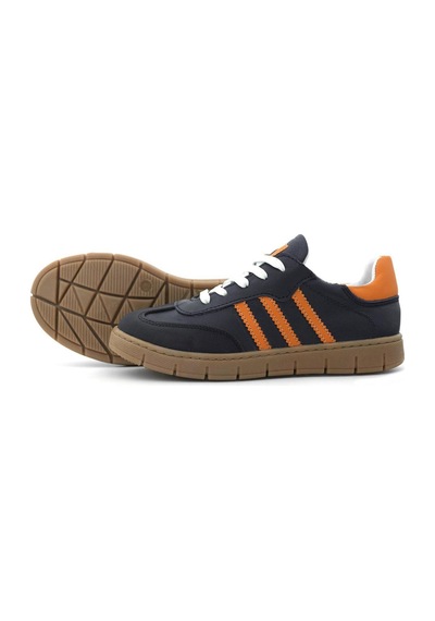 Hakiki Deri Lacivert Turuncu Bağcıklı Fermuarlı Çocuk Sneakers Ayakkabı Lacivert
