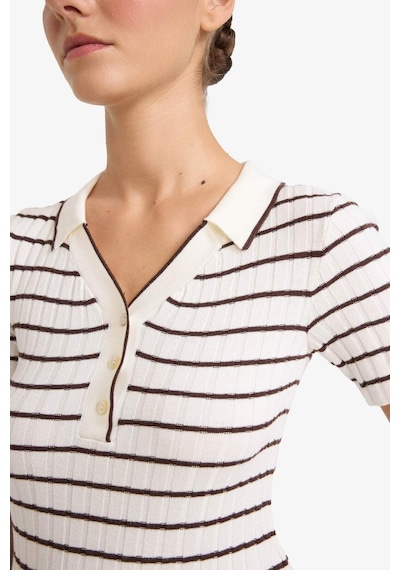 Defacto Fitted Polo Yaka Çizgili Kısa Kollu Triko Kazak G0471ax25auer105 Ekru
