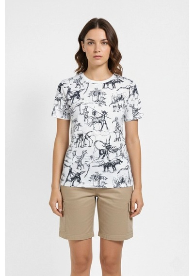 Wear Vexel Kadın Dinozor Dijıtal Ön Ve Arka Baskılı Tişört Bisiklet Yaka T-shirt - Beyaz Beyaz