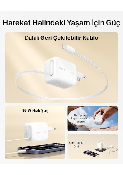 Belkin Ultracharge 45 W Gan Şarj Aleti, 0,8 M Geri Çekilebilir Usb-c Kablo İle, Beyaz