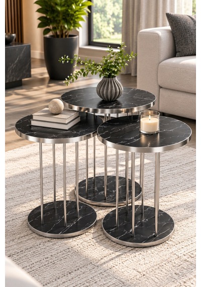 Sulorahome Siyah Mermer Desenli 4'lü Sehpa Seti Gümüş Metal Ayaklı