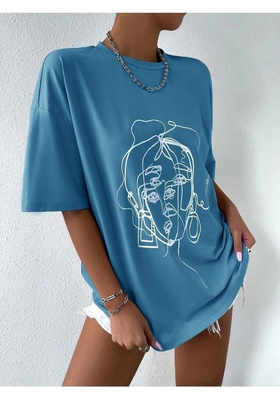 Flood Of Style Kadın Çizgili Figür Oversize Indigo T-shirt Mavi