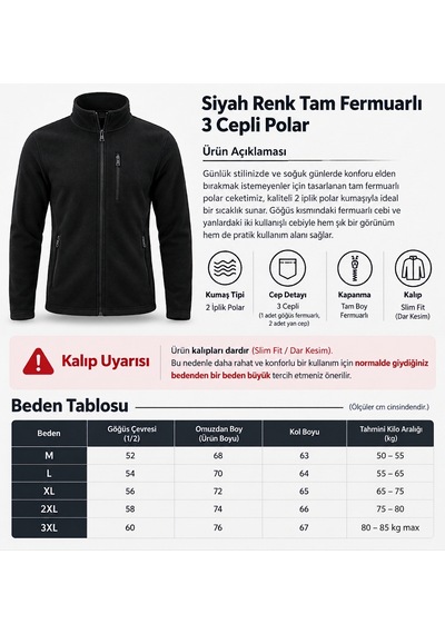 Rustawi Siyah Renk Tam Fermuarlı 3 Cepli Polar