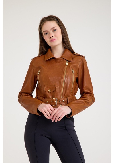 Fit Biker Kısa Bayan Deri Ceket Vb-1 Bk-2581 - 23489 Viski