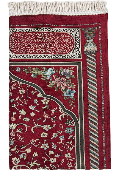 Bordo Çiçekli Ravza Desenli Astarlı Şönil Seccade 001