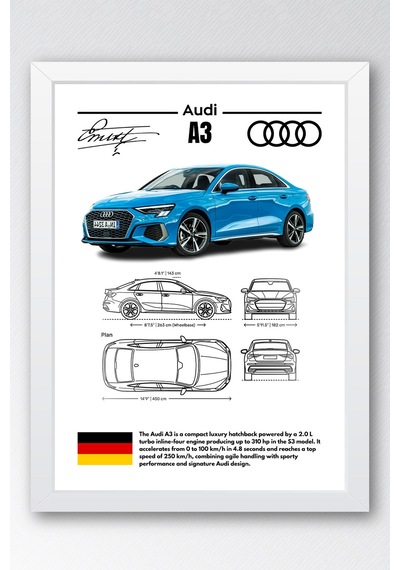 Audi A3 Tablo - Teknik Özellikli Alman Otomobil Poster - Çerçeveli Duvar Dekoru - Araba Blueprint Beyaz Audi A3 Tablo - Teknik Özellikli Alman Otomobil Poster - Çerçeveli Duvar Dekoru - Araba Blueprint Beyaz
