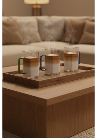 4 Kişilik Borosilikat Kare Renkli Saplı Cam Latte Takımı Isıya Dayanıklı 400 Ml Beyaz