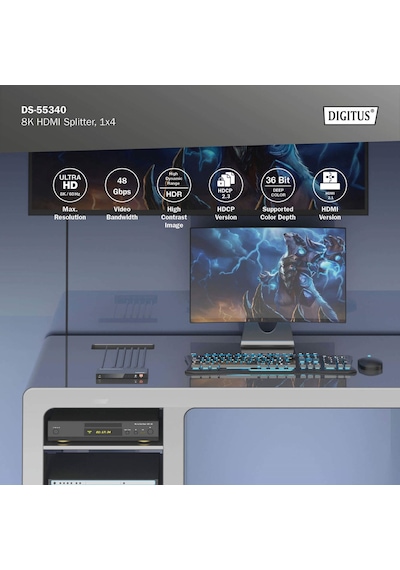 Digitus 1x4 Hdmı Splitters Ayırıcı, 8k/60hz 4:4:4 , Toslink, Stereo, Edıd Kontrolü