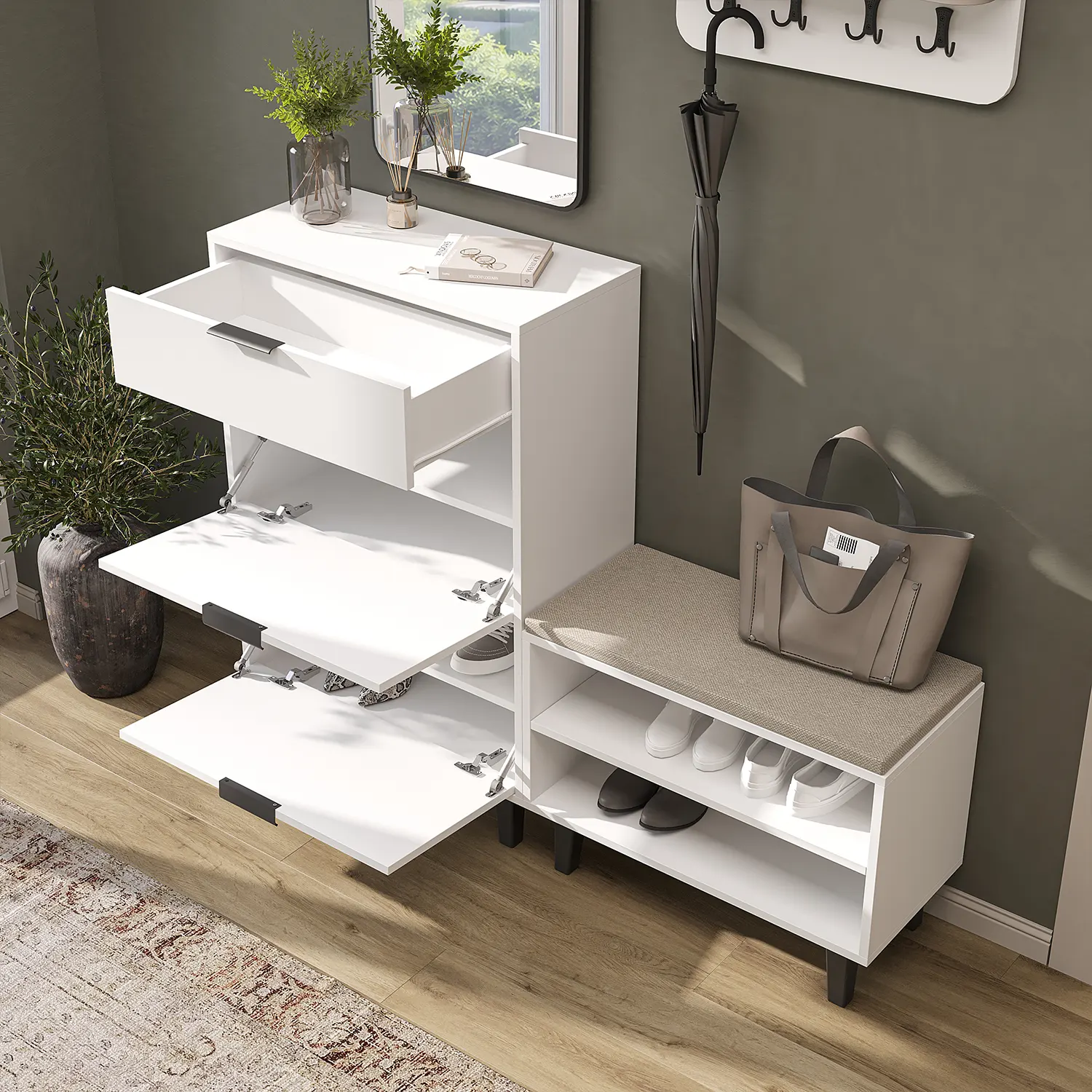 Nord Vestiyer Takımı Askılıklı, Ayakkabılık Dolabı, Bench, Modüler, Dikdörtgen Oval Aynalı Portmanto Takımı Beyaz Nord Vestiyer Takımı Askılıklı, Ayakkabılık Dolabı, Bench, Modüler, Dikdörtgen Oval Aynalı Portmanto Takımı Beyaz