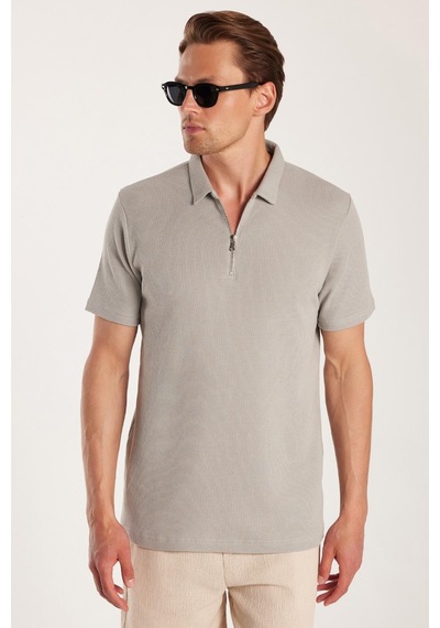 Tudors Erkek Slim Fit Dar Kesim %100 Pamuk Fermuarlı Gri Polo Yaka Tişört-33941 Gri