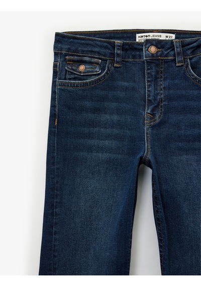 Koton Düğmeli Cepli Slim Fit Düşük Bel İspanyol Paça Jean Pantolon - Flare Jeans Koyu İndigo 6wal40246md