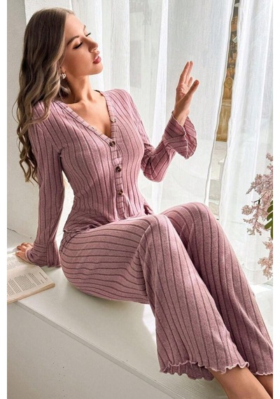 Bella Notte V Yaka Gül Kurusu İspanyol Kol Pamuklu Pijama Takımı Pembe