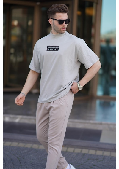 Madmext Boyalı Gri Yalancı Dik Yaka Oversize Erkek Tişört 7005-boyalı Gri Boyalı Gri