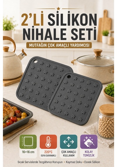 2'li Set Antrasit Silikon Nihale 16x16cm Çok Amaçlı Tencere Tava Altlığı Fırın Tepsi Tutacağı