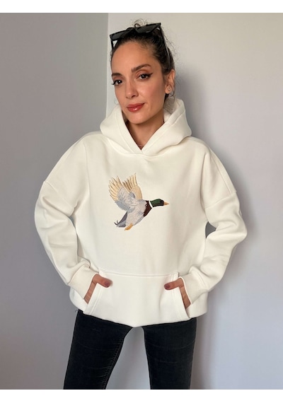Ali Butik Beyaz Önü Nakış İşleme Şardonlu Sweatshirt Beyaz