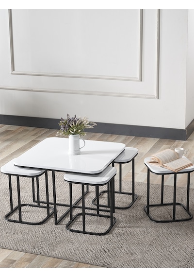 Pelikan 4+1 Beyaz Ahşap Siyah Metal Ayak Takım Sehpa Sedaş Living Units Sehpa