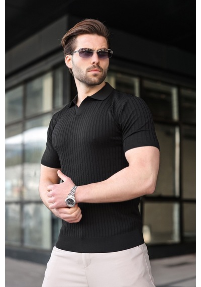 Madmext Siyah Slim Fit Polo Yaka Triko Erkek Tişört E7472 Siyah