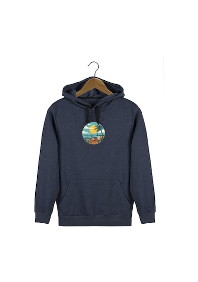 Unisex İndigo Kapüşonlu Önü Scooter Baskılı Slim Fit Kanguru Cepli Sweatshirt Indigo