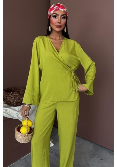 Moderie Butik Kruvaze Model Klasik Pantolonlu Çupra Keten Takım 10191 Yeşi L
