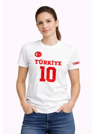 Moda Kadın Türkiye Ay Yıldız Baskılı 10 Numara Forma Tişört Taraftar T-shirt - Beyaz Çok Renkli