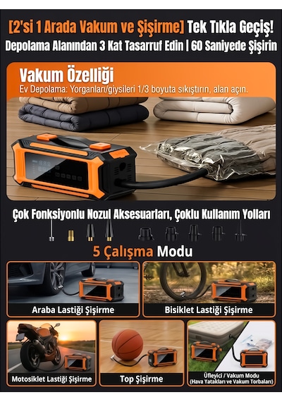 Steiner 36v Şarjlı 20.000mah Araç Akü Takviye Cihazı 150 Psı Işıklı Dijital Ekranlı Lastik Şişirme Hava Kompresörü 7 İn 1 Çantalı