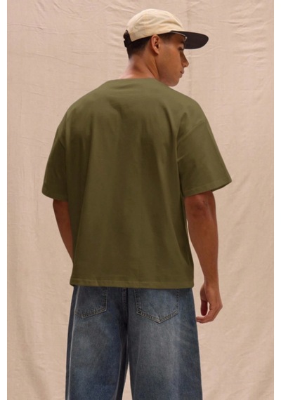Erkek %100 Organik Pamuklu Kalın Dokulu Comfort Fit Bisiklet Yakalı T-shirt Haki