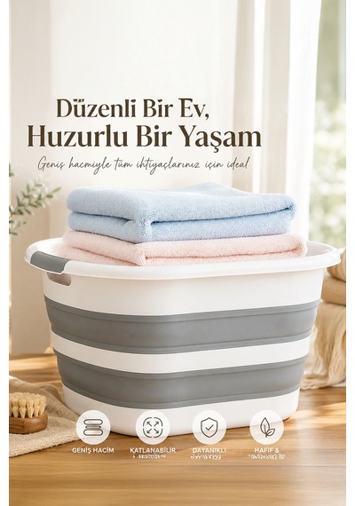 Porsima 1065 25 Lt Akordiyon Sepet Katlanabilir Çamaşır Sepeti Beyaz - Gri