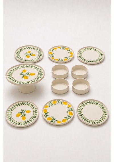 Yeşil Limon 11 Parça 6 Kişilik Handmade Stackable Seramik Tabak Seti Premium Sunum & Kahvaltı Takımı Beyaz