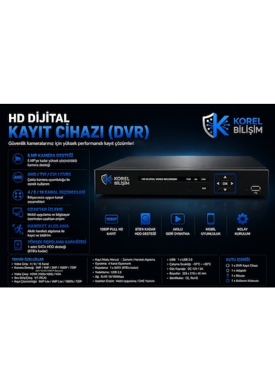 Korel Bilişim 8 Kameralı 5mp Sony Lensli Gece Renkli Güvenlik Kamerası Seti 2000 Gb Hdd