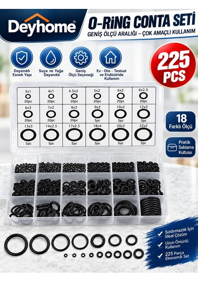 225 Parça O-ring Conta Seti 18 Farklı Boy Kauçuk Sızdırmazlık Halkası, Musluk, Hortum, Araç, Su Ve Hava Tesisatı Tamir Bakım Kiti