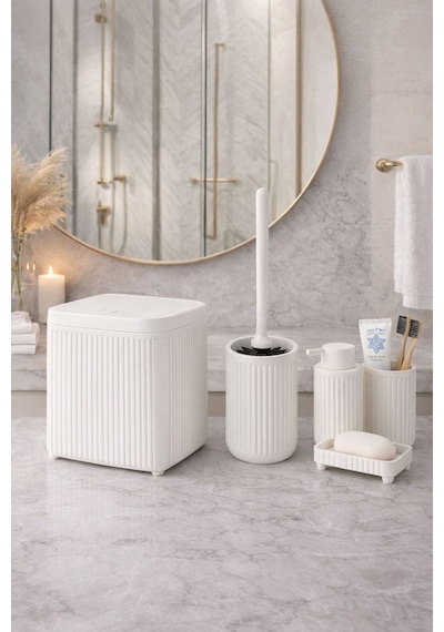 Modern Banyo Aksesuar Seti Click Kapaklı Çöp Kovası, Tuvalet Fırçası Ve Sabunluk Seti 5 Parça Dc-6803 Beyaz