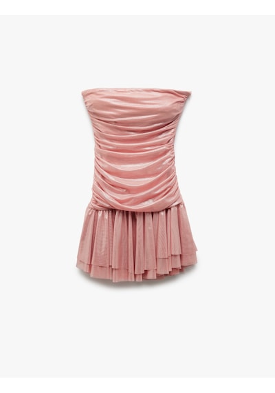 Koton Drape Detaylı Kolsuz Straplez Volanlı Mini Abiye Elbise Pembe 5sak80007fk Gül