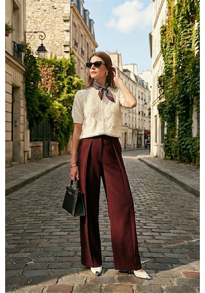 Lela Düğmeli Pile Detaylı Wide Leg Yüksek Bel Geniş Paça Bayan Pantolon 68351133 Mürdüm