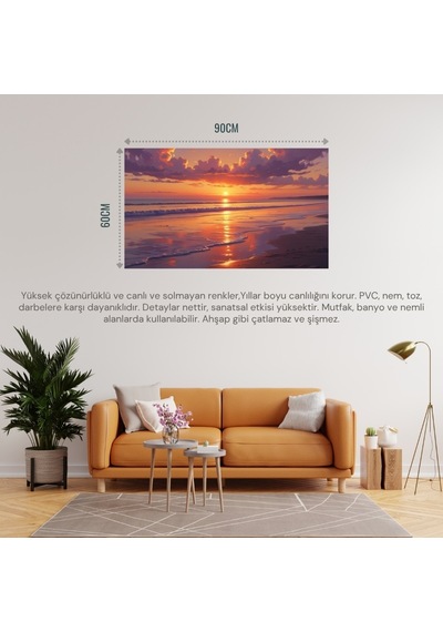 Doğa Ve Manzara Yatay Sessiz Kumsal Romantik Gün Batımı 03 Çerçevesiz 90x60cm Pvc Tablo