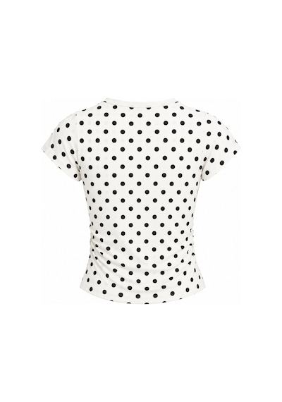 Vadon 1004 Kadın Pamuklu Kare Yaka Puantiyeli Yan Büzgü Detaylı Crop T-shirt Bluz Beyaz