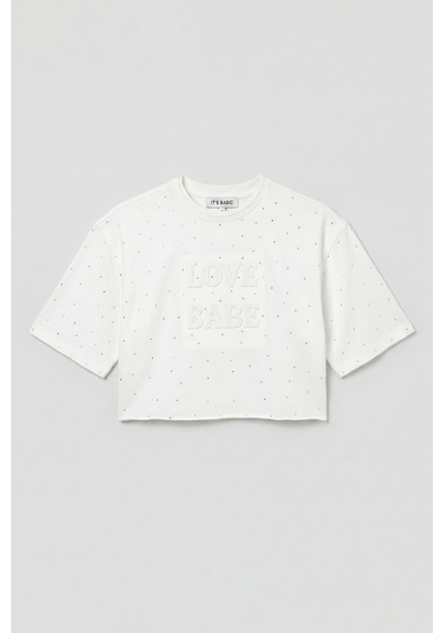 it's basic Kadın Beyaz T-s6-101 Crop Parlak Taşlı Özel Tasarım Örme T-shirt