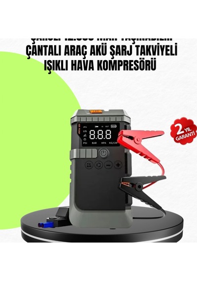 12000 Mah Akü Takviye Cihazı Hava Kompresörü, Powerbank Ve Led Aydınlatma 4 Ü 1 Arada