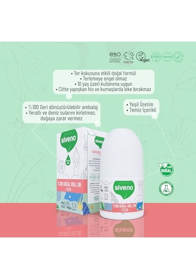 %100 Doğal Roll-on Teen Girl Genç Kız Deodorant Ter Kokusu Önleyici Bitkisel Lekesiz Vegan 50 Ml